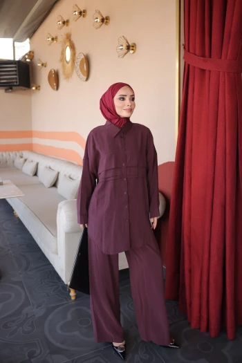 Mürdüm Gömlek Yaka Tunik Pantolonlu Takım
