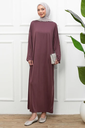 Mürdüm Kol Katlı Oversize Modal Elbise