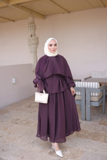 Mürdüm Omuz Pelerinli Etekli Takım