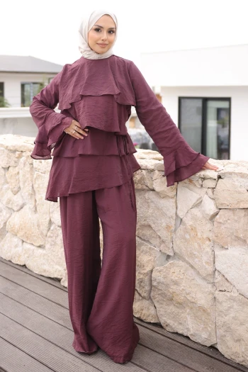 Mürdüm Önü Katlı Tunik Pantolonlu Takım