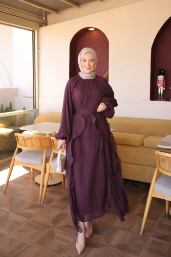 Mürdüm Seyyar Etekli Balon Kol Elbise