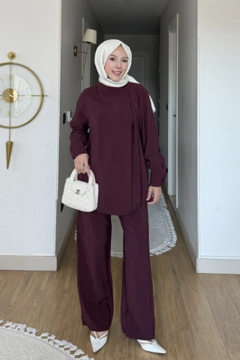 Mürdüm Yaka Detaylı Tunik Pantolonlu Modal Takım