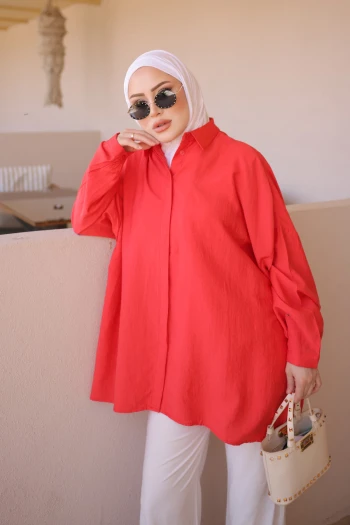 Nar Çiçeği Gizli Düğmeli Oversize Gömlek