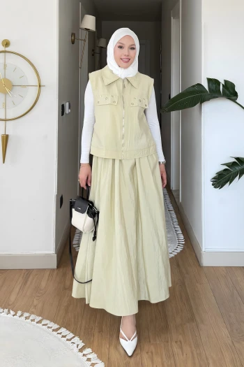 Olive Fermuarlı Yelek Etekli Takım