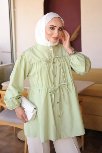Olive Ön Bağlamalı Büzgülü Gömlek