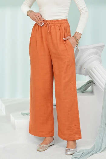 Oranj Bel Lastikli Cepli Müslin Pantolon