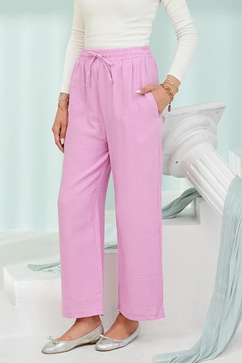 Pembe Bel Lastikli Cepli Müslin Pantolon
