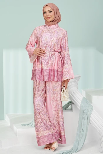 Pembe Desenli Tunik Pantolonlu Takım
