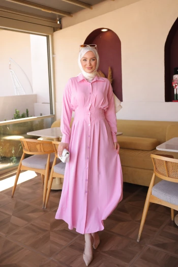Pembe Düğmeli Bel Pensli Elbise