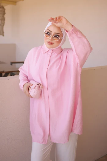 Pembe Gizli Düğmeli Oversize Gömlek