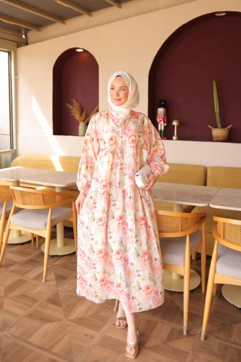 Pembe Yarım Düğmeli Kol Lastikli Desenli  Elbise