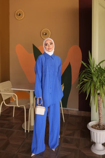Saks Mavi Gömlek Yaka Tunik Pantolonlu Takım