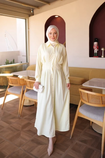 Sarı Düğmeli Bel Pensli Elbise