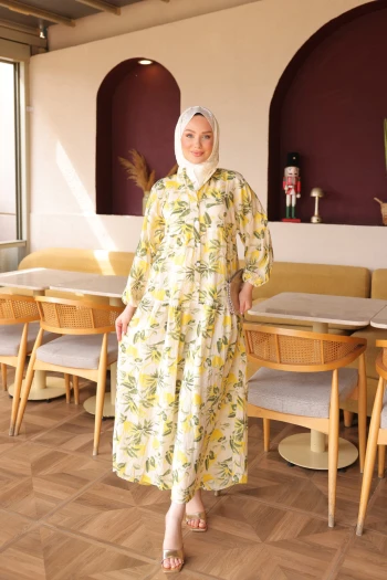 Sarı Yarım Düğmeli Kol Lastikli Desenli  Elbise
