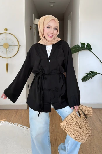Siyah Bağcıklı Geniş Kol Kimono