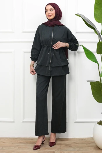 Siyah Fermuarlı Bel İp Bağlamalı Ceket Pantolonlu Takım