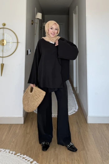 Siyah Kimono Pantolonlu Takım