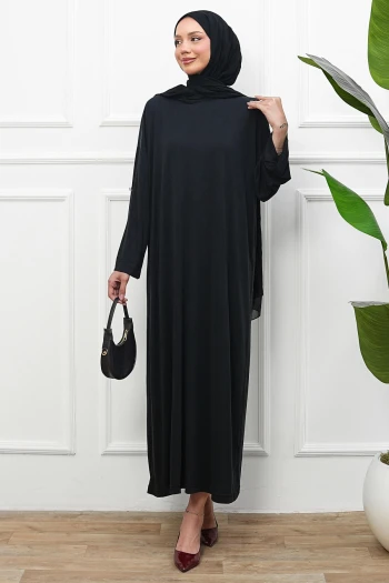 Siyah Kol Katlı Oversize Modal Elbise