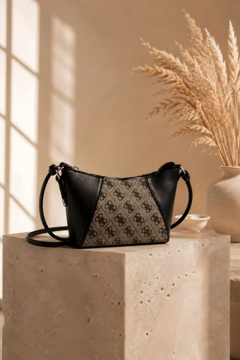 Siyah Monogram Desenli Mini Omuz Çantası