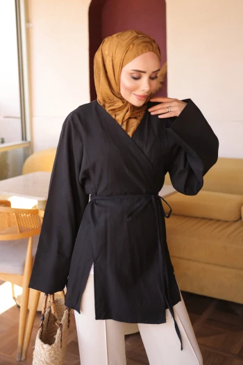 Siyah Ön Bağlamalı Kimono