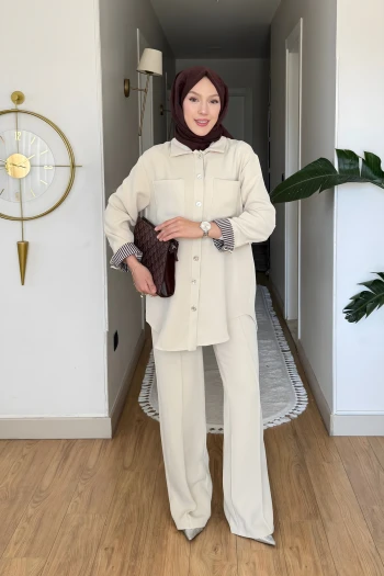Taş Gömlek Yaka Garni Detaylı Tunik Pantolon Takım