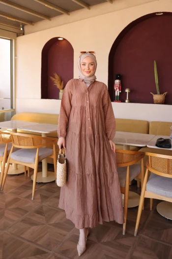 Vizon Düğmeli Katlı Gofre Elbise