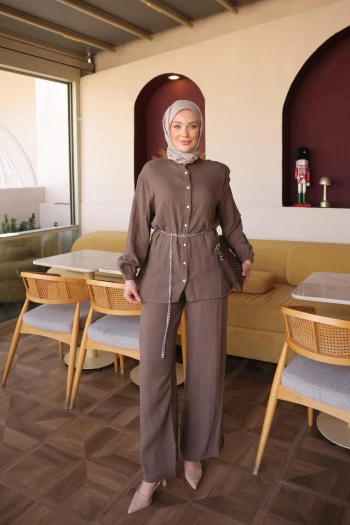 Vizon Kol Lastikli Düğmeli Tunik Pantolonlu Takım