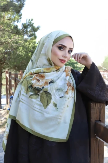 Yağ Yeşili Aqua Çiçek Desenli Soft Şal