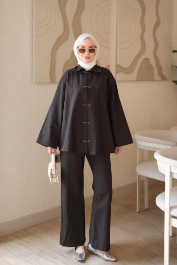 Acı Kahve Biye Düğmeli Ceket Pantolonlu Gabardin Takım