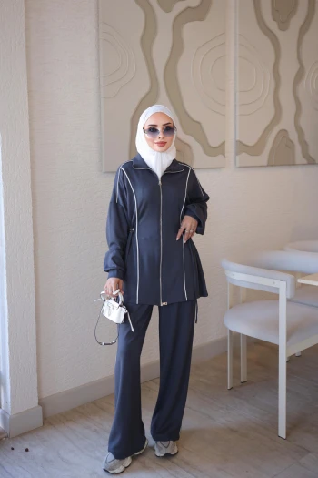Antrasit Fermuarlı Biye Detaylı Tunik Pantolonlu Takım