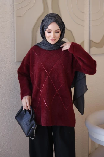Bordo Angora Pul İşlemeli Salaş Triko Kazak