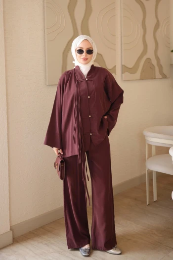Bordo Bağcık Detaylı Tunik Pantolonlu Takım