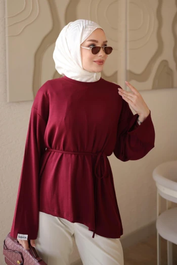 Bordo Bel Bağlamalı Asimetrik Kesim Tunik