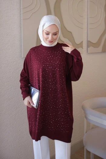 Bordo Bisiklet Yaka Taş İşlemeli Tunik
