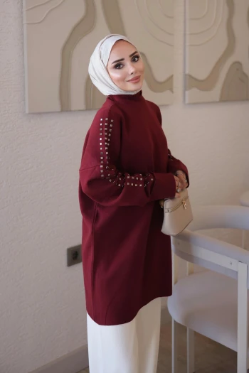 Bordo Corsman Kol Katlı Omuz Taşlı Triko Tunik