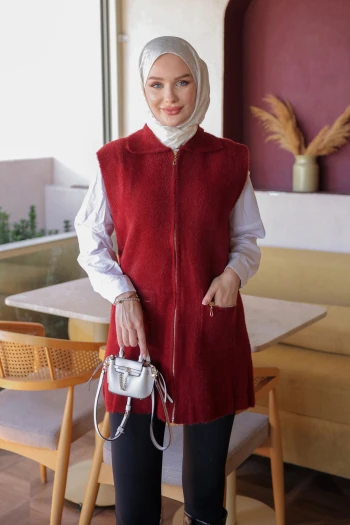 Bordo Fermuarlı Angora Yumoş Triko Yelek