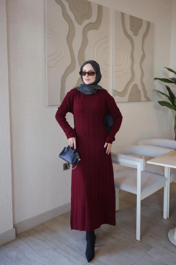 Bordo Fitilli Bel Bağlamalı Triko Elbise