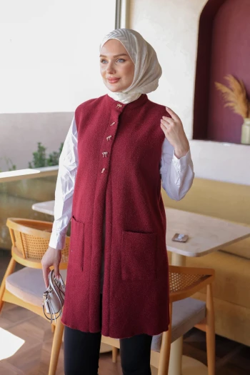 Bordo Fiyonk Düğmeli Keçe Yelek