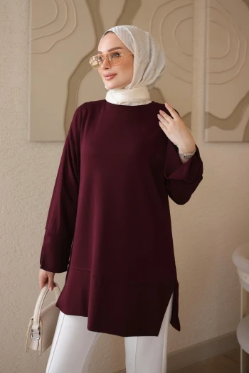 Bordo Kol Ve Eteği Manşetli Yırtmaçlı Tunik