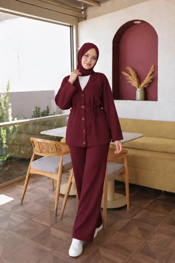 Bordo Hırka Pantolonlu Soğuk İplik Triko Takım