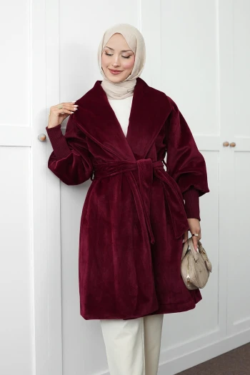 Bordo Kruvaze Yaka Bel Kuşaklı Cepli Angora Kaban
