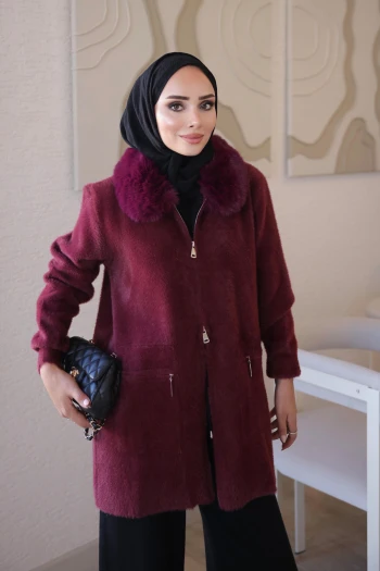 Bordo Soft Kürk Yakalı Angora Triko Hırka