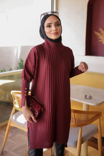 Bordo Soğuk İplik Kol Düğmeli Triko Tunik