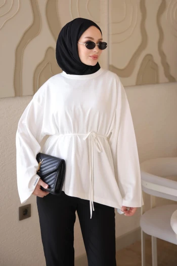 Ekru Bel Bağlamalı Asimetrik Kesim Tunik