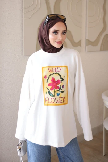 Ekru Bisiklet Yaka Baskılı Sweat