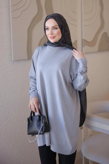Gri Bisiklet Yaka Taş İşlemeli Tunik