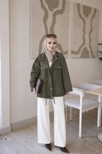 Haki Bel Bağlamalı Çıtçıtlı Gabardin Ceket
