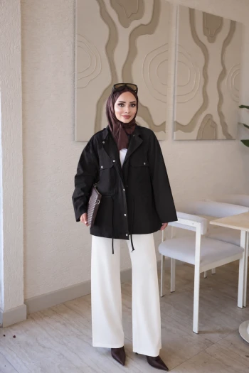 Kahverengi Bel Bağlamalı Çıtçıtlı Gabardin Ceket