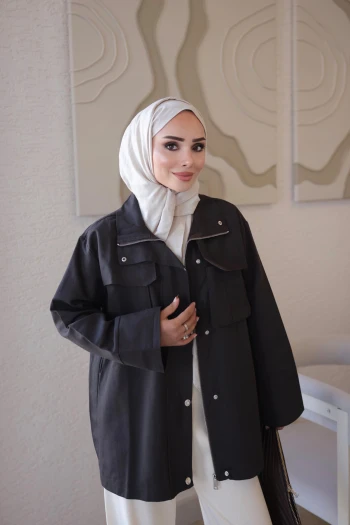 Kahverengi Fermuarlı Çıtçıtlı Gabardin Ceket