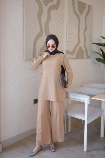 Koyu Bej Bürümcük Tunik Pantolonlu Takım
